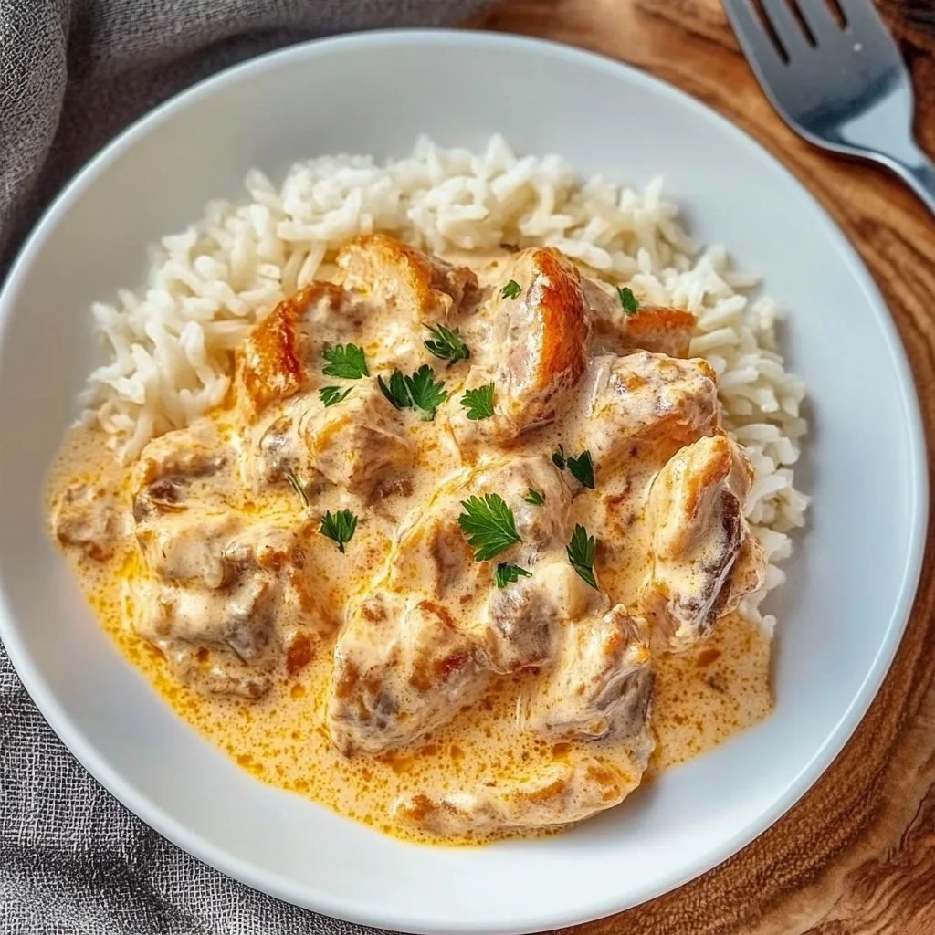 Hähnchengyros in Schmandsoße mit Reis