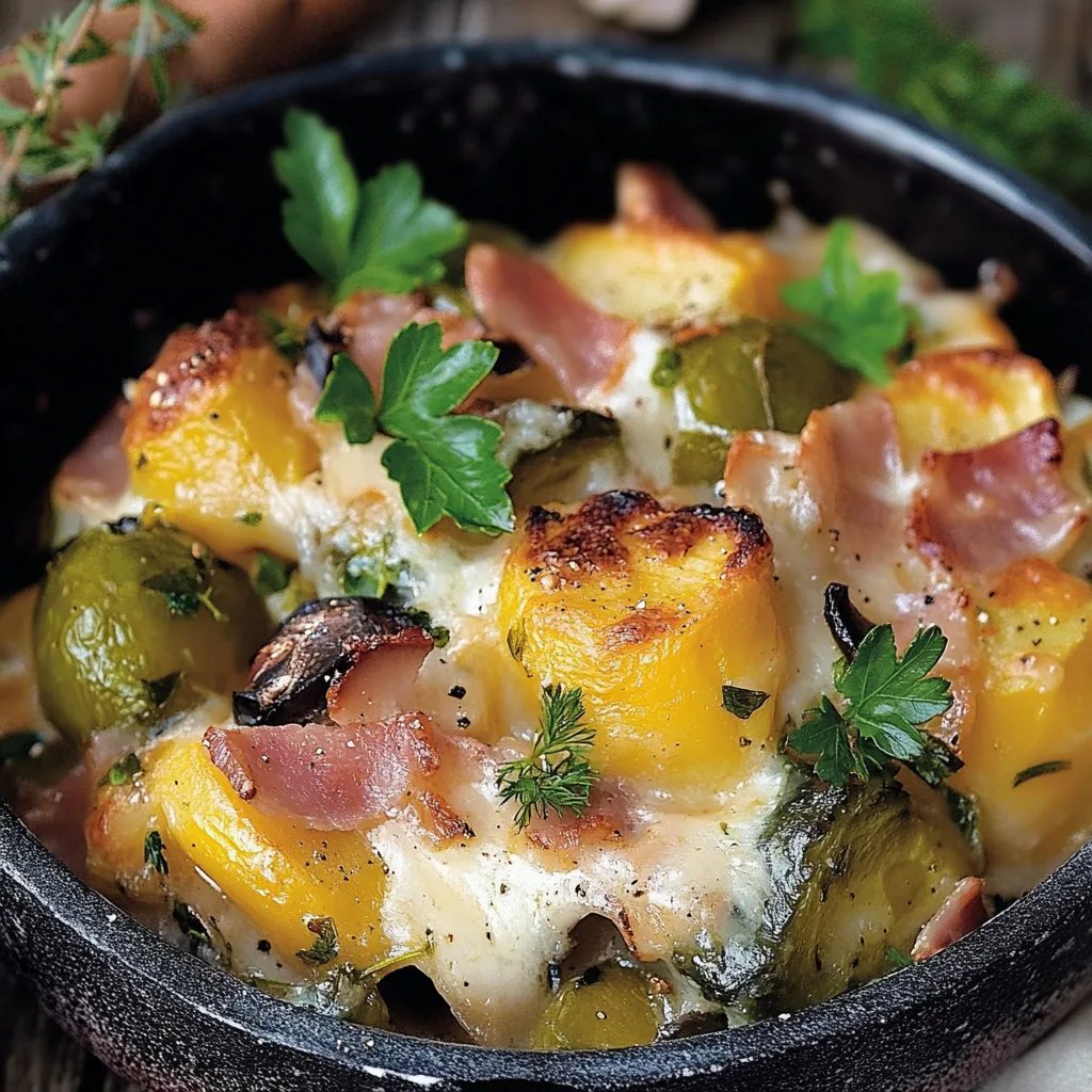 Kartoffel-Rosenkohl-Auflauf mit Speck